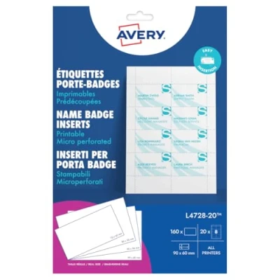 Bild av Avery L4728 20 Insättningar med utskrivbar namnbricka (90 x 60 mm insatser, 160) Vit