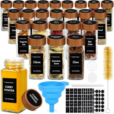 Bild av ZZXLOPEZ 24 Stycken 120 ml Fyrkantiga Kryddburkar Set, med Trälock, Kryddburkar, Kryddshaker 48 Spridningsinsatser, Etiketter, Silikontratt