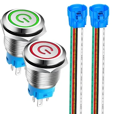 Bild av Gebildet 2 st 0,75 tum/19 mm Rostfritt Stål Spärr Tryckknappsbrytare 12 V 24 5 A Strömsymbol LED SPDT på/av Vattentät Vippbrytare med Kabeluttag(Röd + Grön LED)