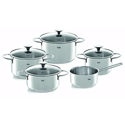 Bild av Fissler Copenhagen/kastrullset i rostfritt stål, 5 delar, kastruller med glaslock, induktion, alla typer av spisar (3 kastruller, 1 stekgryta, kastrull utan lock)