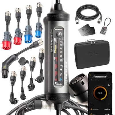 Bild av Juice Booster 3 air Master Set, Mobil Wallbox 11 kW med App, Bärbar Laddbox för Elbilar Typ 2 kabelanslutning, Inkl. CEE uttag, Alla EU adaptrar, 2, 5m Förlängningskabel, Säkerhetslås