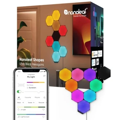 Bild av Nanoleaf Shapes Ultra Black Hexagon startkit, 9 smarta LED paneler RGBW modulär WLAN 16 miljoner färger vägglampa inomhus, musik och skärm Sync, fungerar med Alexa Google Apple