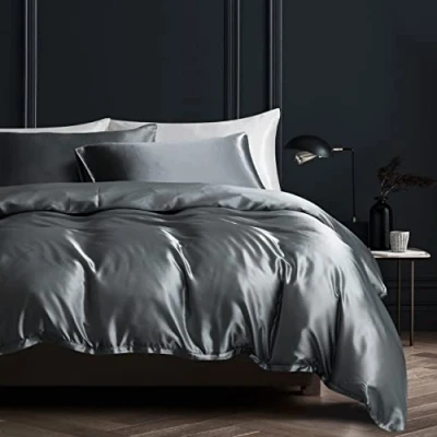Bild av Damier satin sängkläder 135 x 200 cm mörkgrå antracit glänsande sidensängkläder set 2 delar högkvalitativ lyx påslakan med dragkedja och 1 örngott 80