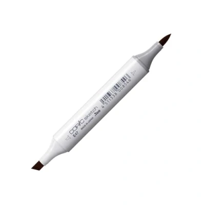 Bild av COPIC sketch märkpenna typ E 47, mörkbrun och professionell penselmarkör, med en superpenselspets medelbrun spets