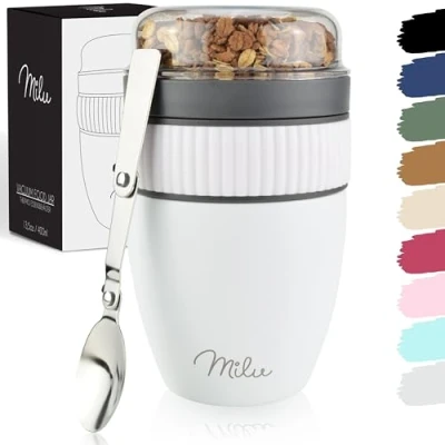 Bild av Milu Muesli Cup to go 400ml I isolerad yoghurtkopp för müsli läckagesäker kopp med sked yoghurt/gröt (Vitt)