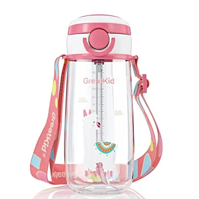 Bild av Flaska med sugrör 500 ml Tritan BPA fritt, vikbart lock, bärrem/spänne, vattentät för flickor och pojkar lämplig barn, vuxna rosa