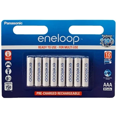 Bild av Panasonic eneloop, Ready to Use Ni MH batterier, AAA/Micro, 8 pack, förbättrad kapacitet på min. 800 mAh, 2 100 laddningscykler, uppladdningsbara batterier i plastfri förpackning