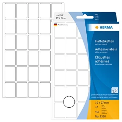 Bild av HERMA 2390 multifunktionsetiketter mini (19 x 27 mm, 32 ark, papper, matt) självhäftande, permanenta hushållsetiketter för handskriven märkning, 960 klistermärken, vit