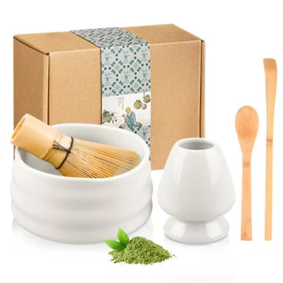Bild av matcha set, 5 delat teset, kvastset, keramisk sats med skål, teställ, tefast, teskedar, tedra, visp, kinesisk teservis för ceremoni