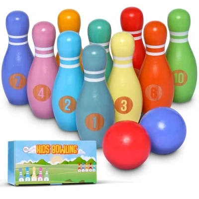 Bild av Pink Papaya klotspel för barn, 12 delat bowlingset, Leksak av trä, Utomhus &amp; inomhus leksak, utbildar främjar ditt barn
