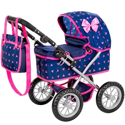 Bild av Kinderplay Dockvagn från 2 år, barnvagn dockor lätt och stabil konstruktion, barndockvagn 3 justerbar höjd 33 till 63 cm, KP0261T