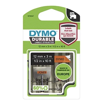 Bild av DYMO Original D1 högpresterande etikettband svart på orange 12 mm x 3 m permanent självhäftande vinyltejp för LabelManager märkningsmaskin