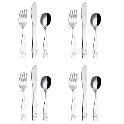 Bild av Exzact barnbestick i rostfritt stål 12 st set/Barnbestick/småbarnsbestick/bestick 4 x gafflar, säkra middagsknivar, bordsskedar graverad design