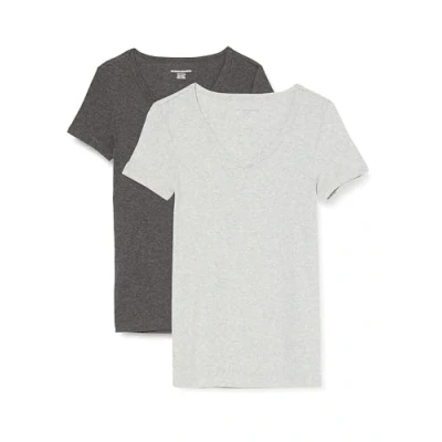 Bild av Amazon Essentials Women&#039;s Kortärmad V ringad T shirt smal passform, Pack of 2, Kolsvart ljung/Ljusgrå ljung, XL