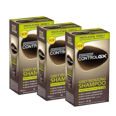 Bild av PROMOO Just For Men Control GX Grey Reducing schampo för grått hår, med kokosolja &amp; aloe vera, ny förbättrad formel alla nyanser 118 ml 3 pack