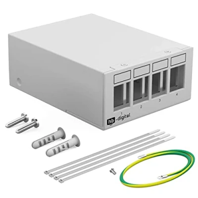 Bild av HB DIGITAL 4 port patchpanel hölje för keystone moduler: RJ45 uttag, RJ11 socket, IEC kontakt/uttag, F kontakt, USB C A BF/AF, HDMI, polklämma gängad bussning BNZ, RCA kontakt ljusgrå