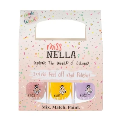 Bild av Miss Nella PIXIE DUST PEACH SLUSHIE (persika), HONEY TWINKLES (gul) &amp; BUBBLE GUM (lila), Vattenbaserat glitternagellack som är lätt att ta bort.