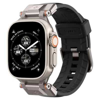 Bild av Spigen Dura Pro Armor PU Armband Designad för Apple Watch Ultra 2/1 49mm, Series 9/8/7 45mm, SE2/6/SE/5/4 44mm och 3/2/1 42mm Robust vattentät ersättningsrem (1 styck) Svart