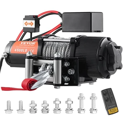 Bild av VEVOR Elektrisk vinsch, 12V 4500 lb lastkapacitet stålrep IP55 1/4&quot; x 39ft ATV UTV vinsch med trådlös handhållen fjärrkontroll &amp; 4 vägs fairlead för bogsering av Jeep Off Road SUV Truck Car Trailer Boat