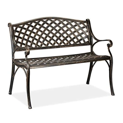 Bild av Relaxdays Trädgårdsbänk, trädgård och balkong, 2 sitsig, antik design, aluminiumbänk, HBT: 82 x 102 60 cm, svart brons