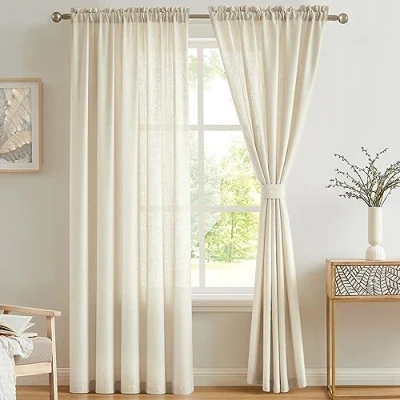 Bild av Melodieux 2 paneler falskt linne voile nätgardiner halvgenomskinliga stång fickgardiner för sovrum, vardagsrum, fönster beige, 140 x 245 cm fall (140 cm)