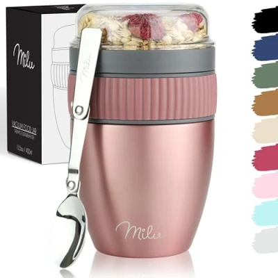 Bild av Milu müslikopp to go 400 ml MüsliMax I isolerad rostfritt stål yoghurtkopp för müsli läckagesäker mugg med sked yoghurt/gröt (roséguld)