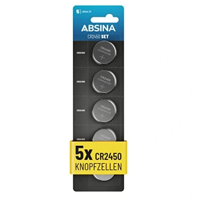Bild av ABSINA CR2450 knappcell 5 pack för blixtvarnare UVM CR 2450 3V knappceller, läckagesäker och lång hållbarhet batterier, knappceller CR2450, batteri 2450, batteri,