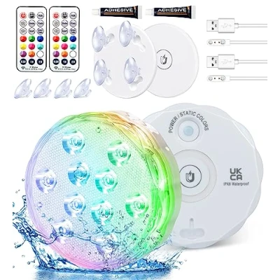 Bild av Qoolife Uppladdningsbar badtunna lampor 3,3 tum USB magnetiska dammlampor RF fjärrkontroll RGBW färgglad IP68 vattentät undervattensbelysning för bad spa akvarium vas juldekoration (2 pack)