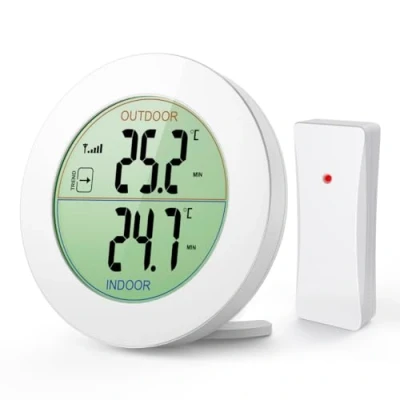 Bild av ORIA Digital termometer för inomhus och utomhusbruk, temperaturmonitor, utomhussensor, rund LCD display, ℃/℉ brytare, MIN/MAX registreringar, perfekt hem, kök kontor vit