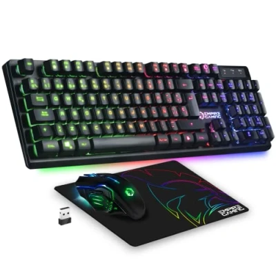 Bild av Empire Gaming Armor RF800 Qwerty trådlöst speltangentbord och muspaket (spansk layout) med musmatta, RGB 2,4 Ghz tangentbord, 4 800 DPI trådlös mus, PC PS4, PS5, Xbox One, Series, Mac, svart