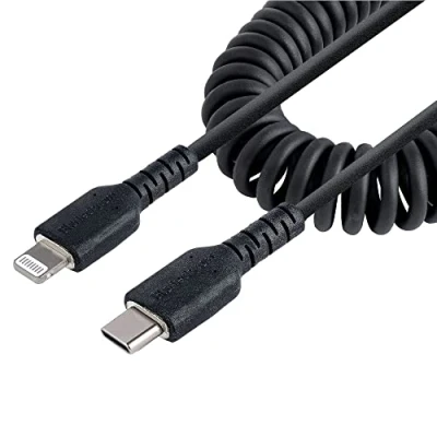 Bild av StarTech.com 1 m (3 fot) USB C till Lightning kabel, MFi certifierad, lindad iPhone laddningskabel, svart, hållbar TPE jacka Aramidfiber, kraftig spole kabel (RUSB2CLT1MBC)