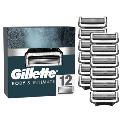 Bild av Gillette Body &amp; Intimate rakblad, 12 ersättningsblad, med förbättrade glidremsor för mjuk och enkel användning, dermatologiskt testad