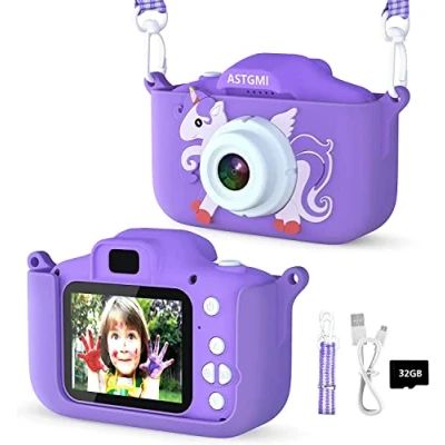 Bild av Barnkamera, 2,0 tums display digitalkamera, presenter till 3 4 5 6 8 7 9 10 11 år pojkar och flickor, 1080P HD anti drop fotoapparat för födelsedagspresent julleksak (lila)