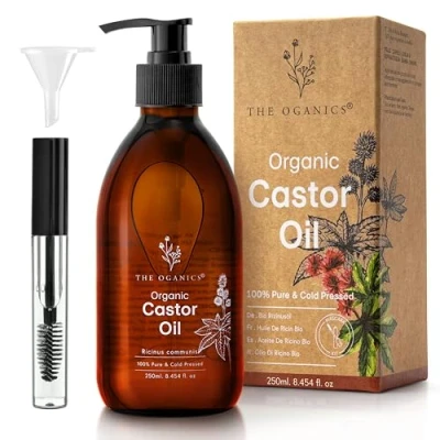 Bild av THE OGANICS® Castor Oil 250ml Organic 100% Pure, Cold Pressed, Natural for Eyelashes, Eyebrows, Hair &amp; Nails Vegan, Cruelty Free Glass Bottle + Pump Mascara Kit