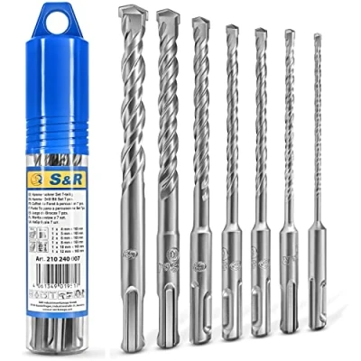 Bild av S&amp;R 7 deligt Betongborr SDS Plus i industriell kvalitet, effektiv dubbelvridspiral för precisionsborrning betong, sten och granit, storlek 4 5 6 8 10 12 mm x 160 praktisk förvaring.