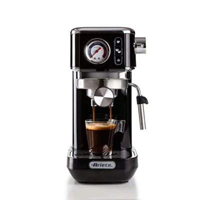 Bild av Ariete Espresso Slim Metal 1381, kaffemaskin med manometer, kompatibel kaffepulver och ESE kuddar, 15 bar Maximum, 1 eller 2 koppfilter, cappuccinomunstycke, 300 W, svart