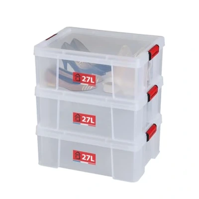 Bild av SUNDIS Clip&#039;N Store 27l, set med 3 förvaringslådor i transparent plast, förstärkt clip on lock, lämplig för matkontakt, raka väggar, stapelbar och kombinerbar