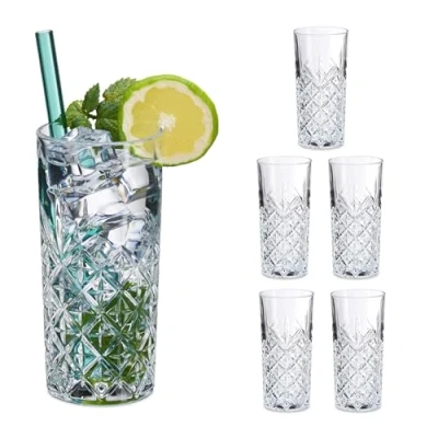 Bild av Relaxdays Longdrinkglas, set om 6, 300 ml, slipade dricksglas, diskmaskinssäkra, highball glas, transparent