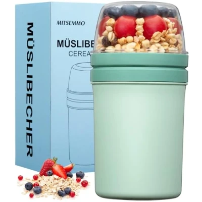 Bild av müslikopp to go 600 ml + 270 ml, yoghurtmugg att gå med sked, müsli Cup mugg, cornflakes go, müsliburk müsliskål frukostburk müslibox, yoghurtbox (Nordic grön)