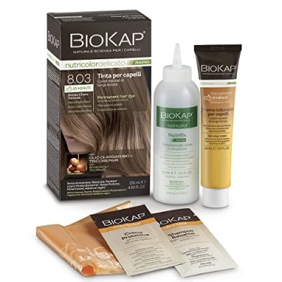 Bild av BIOKAP RAPID permanent hårfärg 8,03 ljus naturblond ENDAST 10 minuters effekt Ekologisk arganolja TricoREPAIR komplex Vegan Optimal täckning Upp till 80% naturliga ingredienser