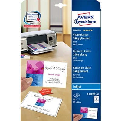 Bild av AVERY Specialform C32028 10 premiumvisitkort, blanko (100 st., 240 g, 85 x 54 mm, tryck på båda sidor, glänsande vit, helt släta kanter, ark) för självtryck bläckstråleskrivare