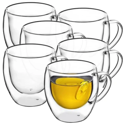 Bild av Kadax glaskopp med dubbla väggar, 250 ml, glas brett handtag, dricksglas för juice, te, kaffe, cappuccino, vatten, iste och glass, universalglas, teglas, vakuum (6)