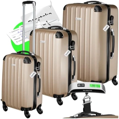 Bild av tectake® Resväska Set, 3 Hårda Resväskor Med Hjul, 360 Roterande Siffrigt Kombinationslås, Förstärkta Hörn, Bagagevåg, Bagagetaggar, Handbagage Väska Champagne