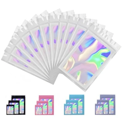 Bild av Rimiko 100 st Mylar Zip Påsar med Fönster, Lufttät Påse av Aluminiumfolie, Återförslutningsbara Holografiska Ziplock för Förpackning, Matförvaring (Holografisk Vit, 7x10 cm)
