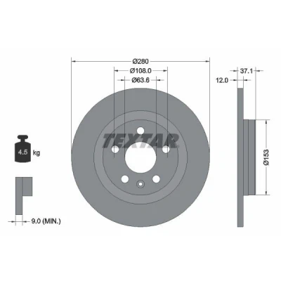 Bild av TEXTAR 92323803 Disque de frein 280 12 05/06 108 plein revêtu sans boulon fix roue, moyeu roue VOLVO: XC40
