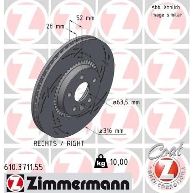 Bild av ZIMMERMANN 610.3711.55 Disque de frein 316 28 6/5 5 108 ventilé l&#039;extérieur, fendu revêtu VOLVO: V60 I, S60 II, XC70 II Break, FORD: S Max Mk1