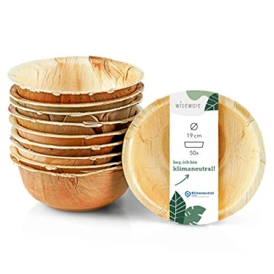 Bild av Wiseware Palmbladskål 50 stycken engångsskålar runda 750 ml Ø 19 cm biologiskt nedbrytbart palmbladsporslin komposterbart festporslin ekologisk engångsservis