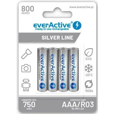 Bild av everActive AAA 800 mAh batteripaket med 4 Ni MH Micro R3 uppladdningsbar förladdad silverlinje 1,2 V 1 blisterkort