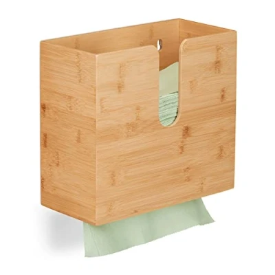 Bild av Relaxdays Pappershandduksdispenser, för H2 pappershanddukar, H x B D 25 27 13 cm, pappershållare väggmontering, bambu, natur