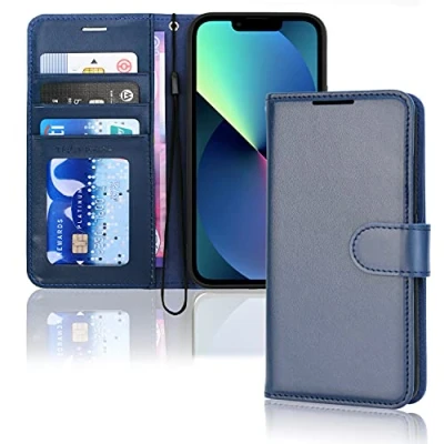 Bild av TECHGEAR iPhone 13 läderplånboksfodral, flip skyddsfodral med plånbok korthållare, stativ och handledsrem blått PU läder magnetisk stängning för 6,1 tum